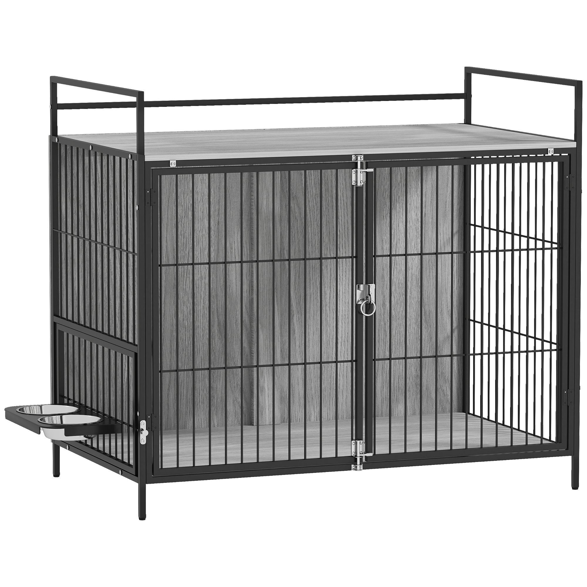 Pawhut Large Dog Crate Furniture With Rotating Bowl Holder, 2 Bowls, 2 Doors, For Large Dogs, 100 X 60 X 88 Cm, Grey