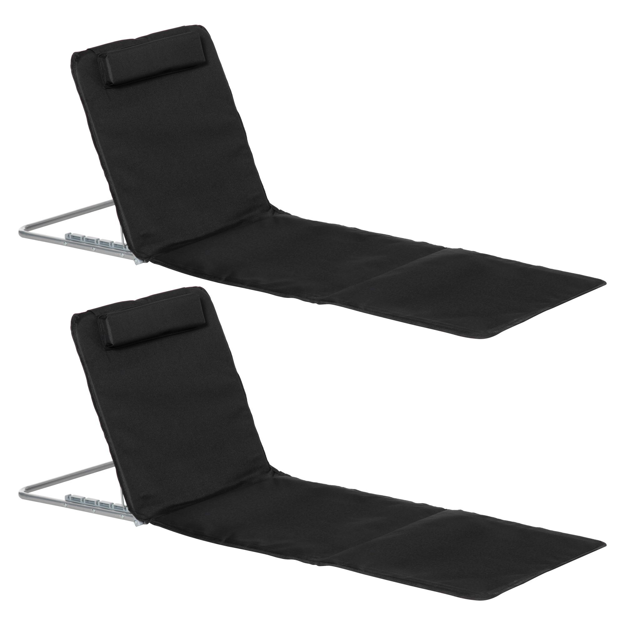 Outsunny Set Of 2 Foldable Garden Beach Chair Mat Lightweight Outdoor Sun Lounger Seats Adjustable Back Metal Frame Pe Fabric Head Pillow, Black