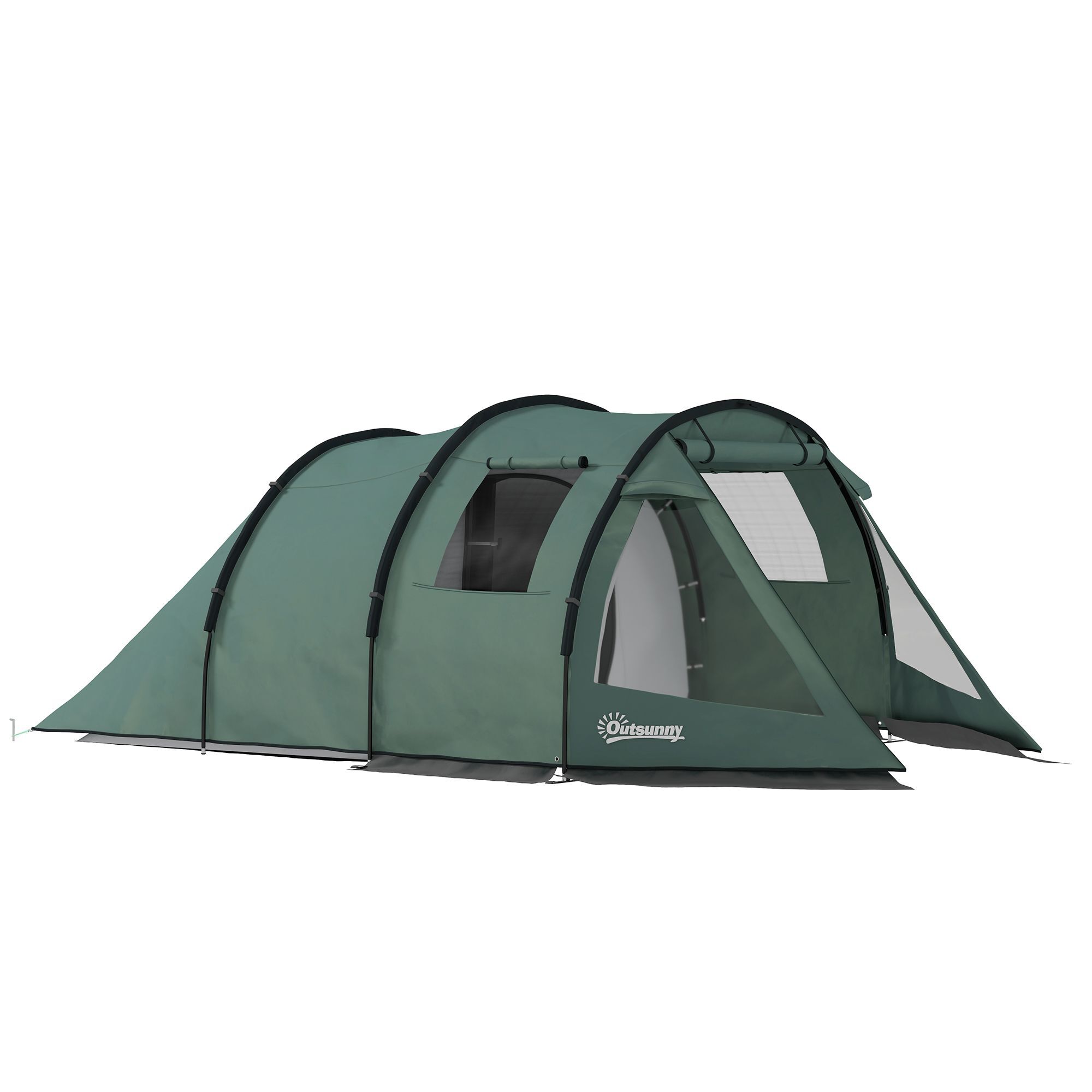Outsunny Two Room Tunnel Tent Camping Tent For 3-4 Man With Windows, Covers, Carry Bag, For Fishing, Sports, Green