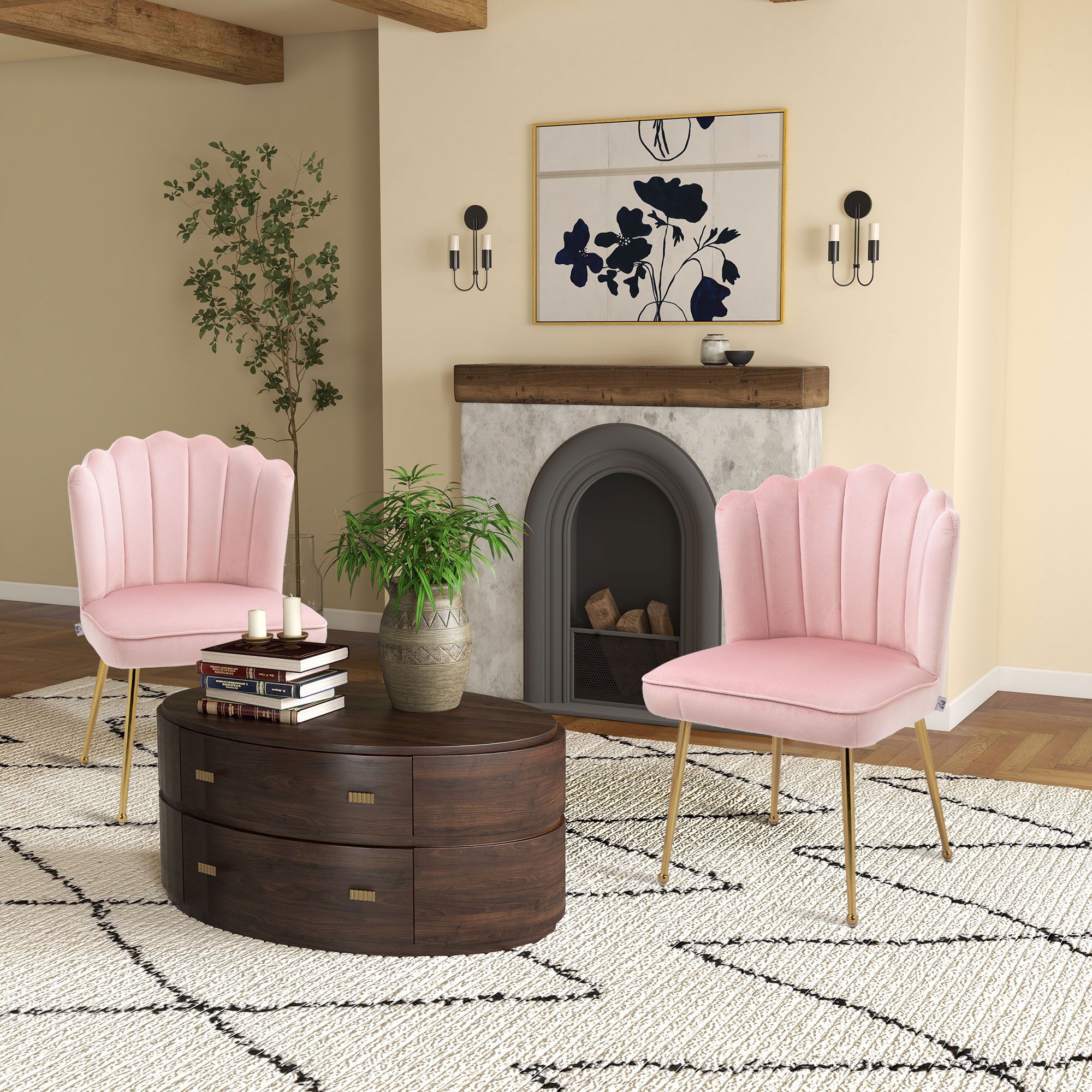Homcom Shell Luxe Velvet Accent Chair, Chair With Gold Metal Legs, Set Of 2, Pink