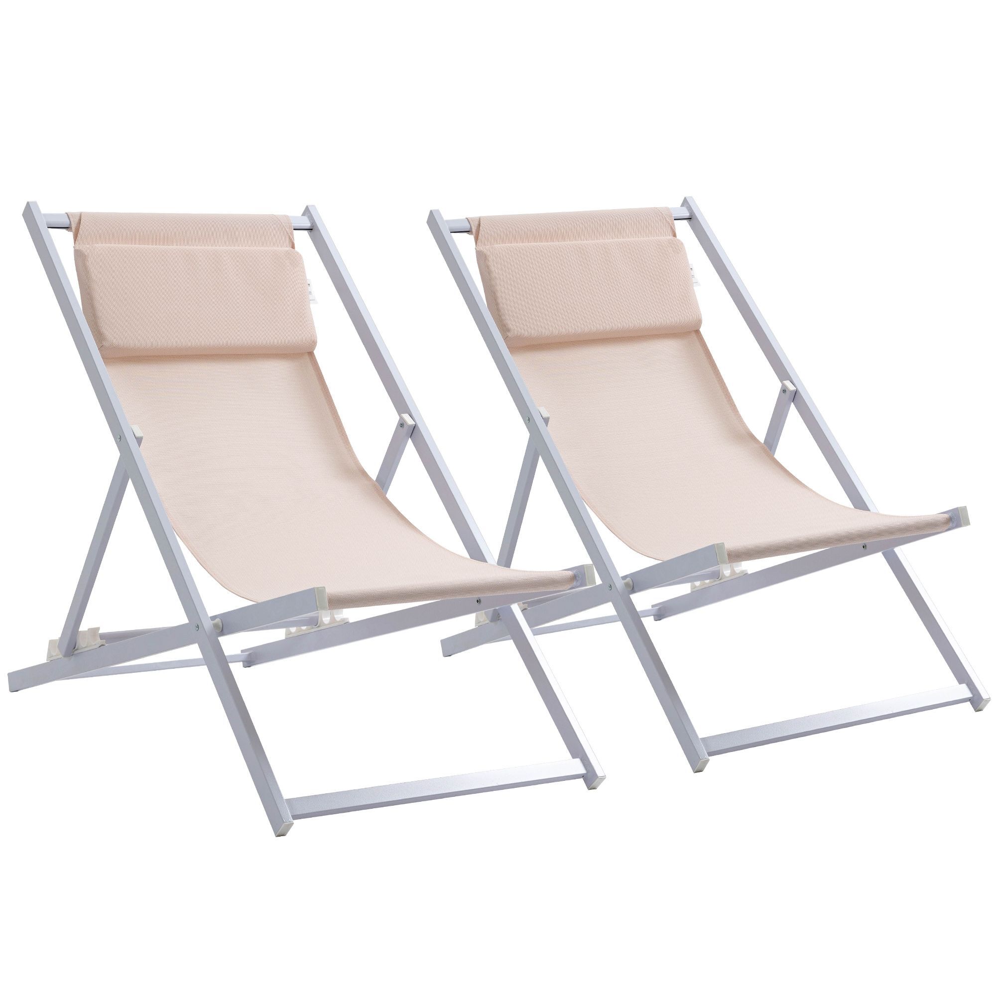Outsunny Set Of 2 Folding Garden Beach Deck Chairs Deckchairs Seaside Folding Garden Patio Lounger, White