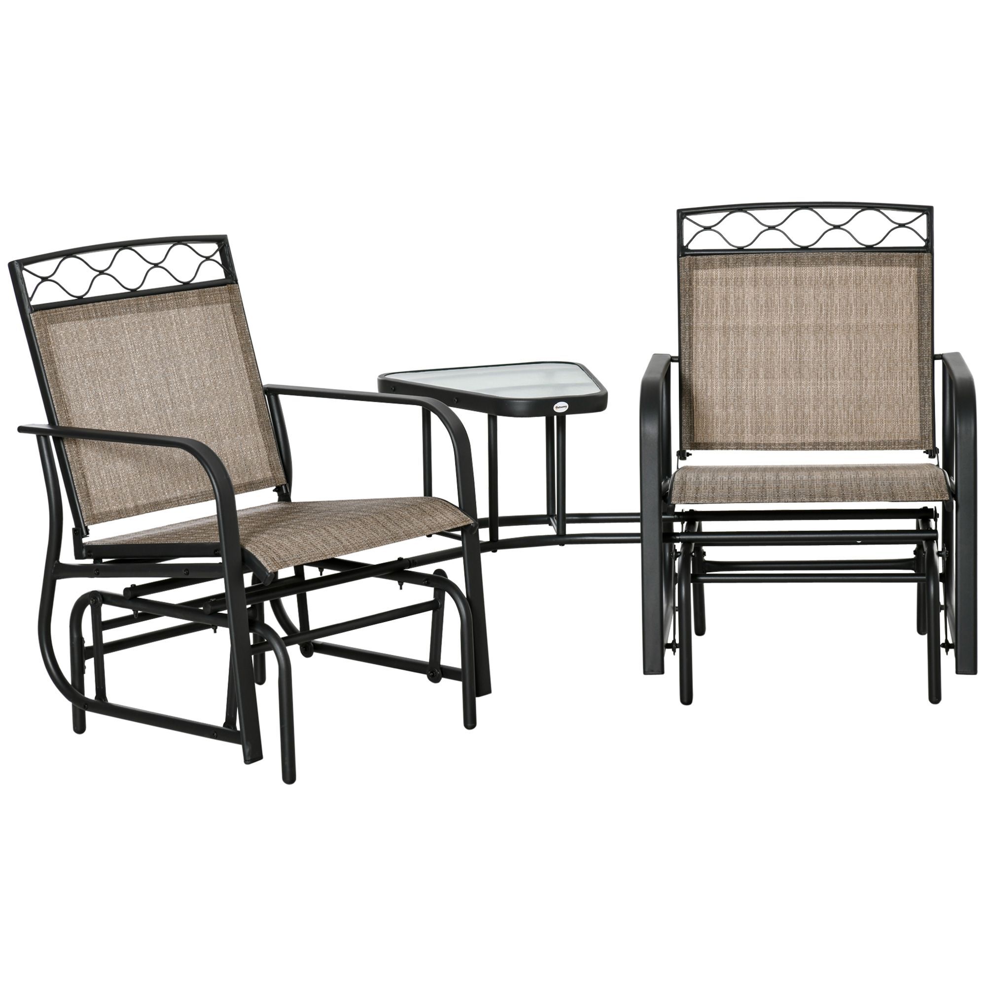 Outsunny Double Outdoor Glider Chair, 2 Seater Patio Rocking Chairs, Swing Bench W/ Tempered Glass Table, Mesh Fabric, Brown