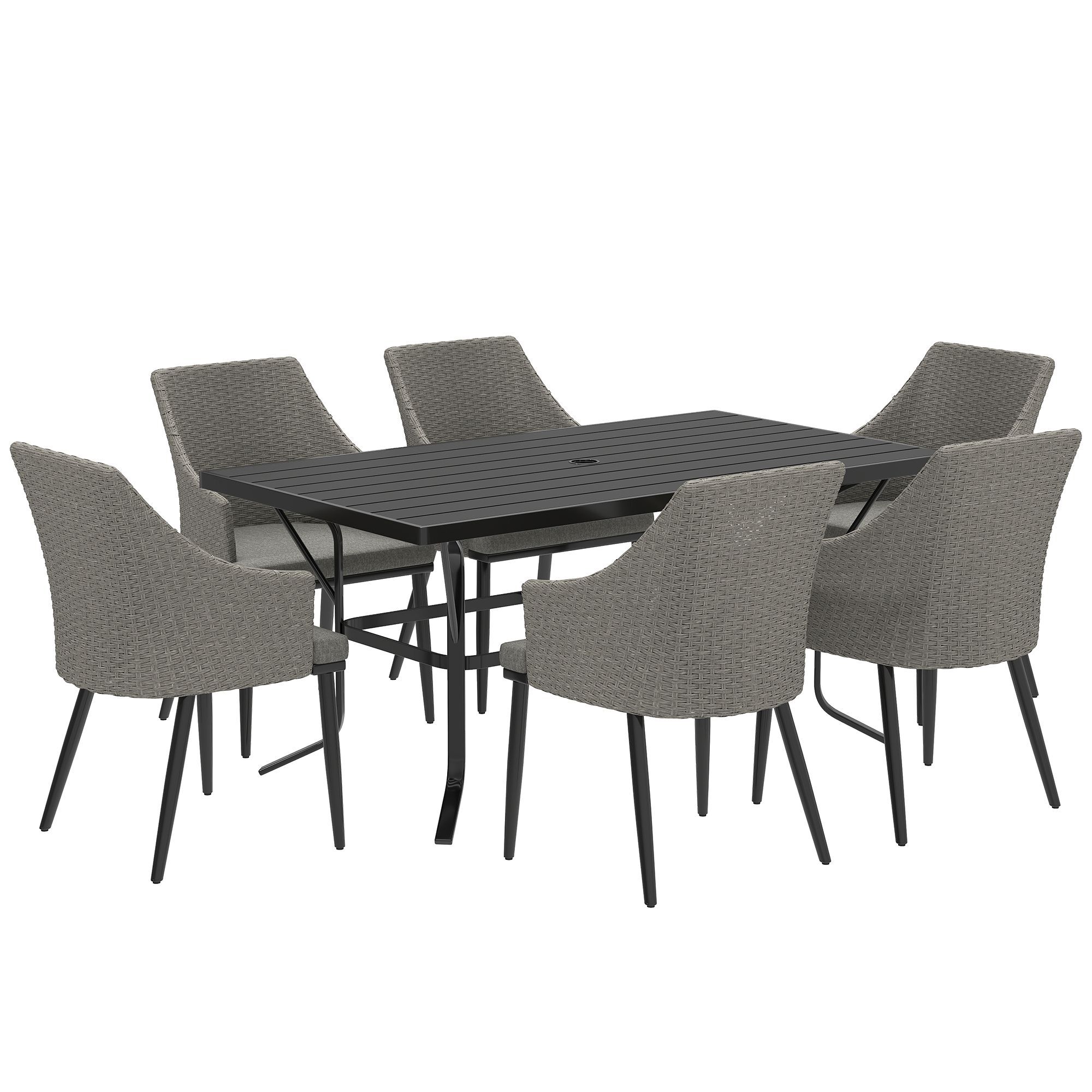 Outsunny 6 Seater Rattan Dining Set With Cushions, Garden Furniture Set With Armchairs, Rectangle Slatted Table Top, Steel Frame, Parasol Hole, Wicker Outdoor Furniture For Patio, Balcony, Grey