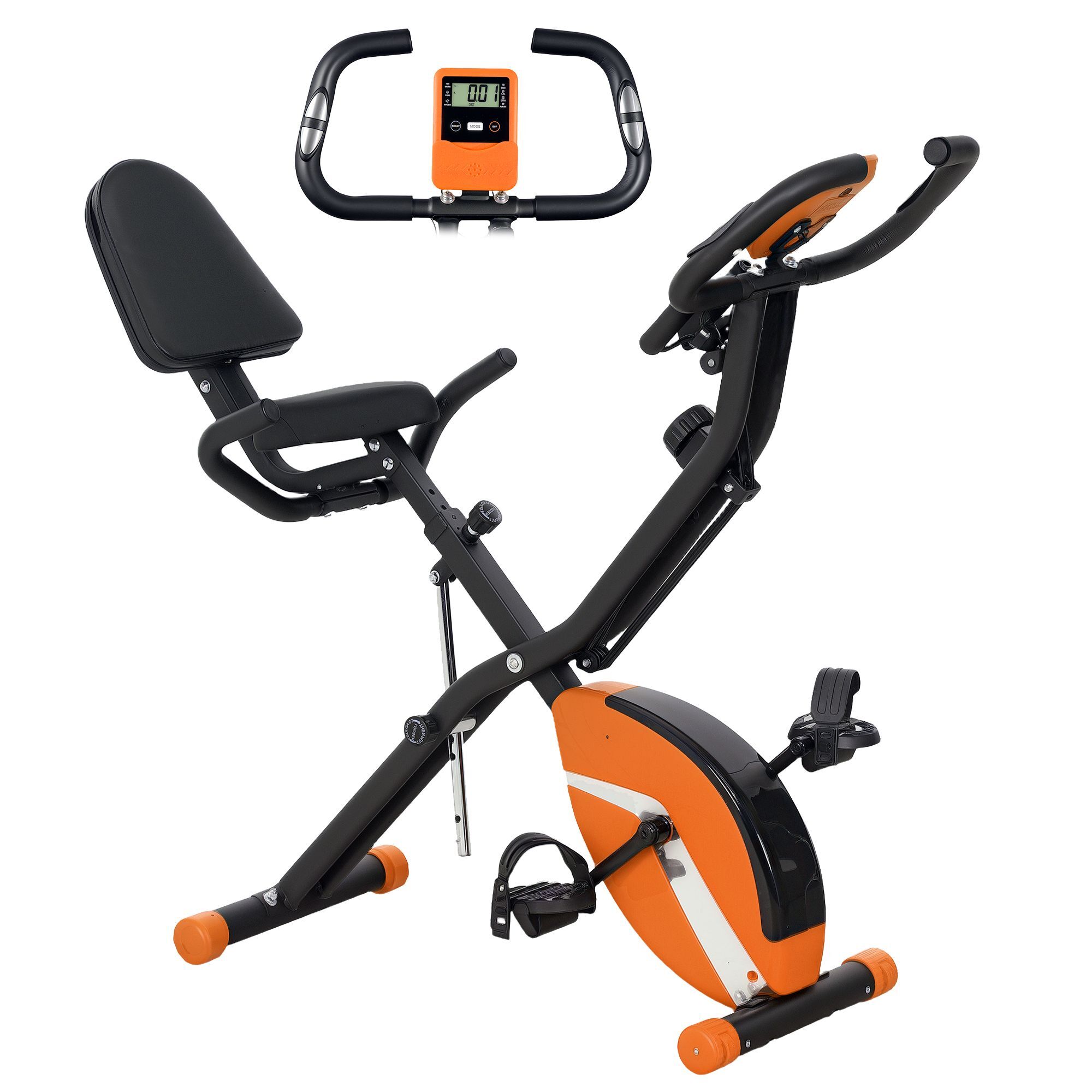 Sportnow 5-in-1 Folding Exercise Bike With Arm Workout Bands, Quiet 8-level Magnetic Resistance Foldable Exercise Bike With Lcd, Tablet Holder, Hand Pulse Sensor For Home Use Indoor Cycling, Orange