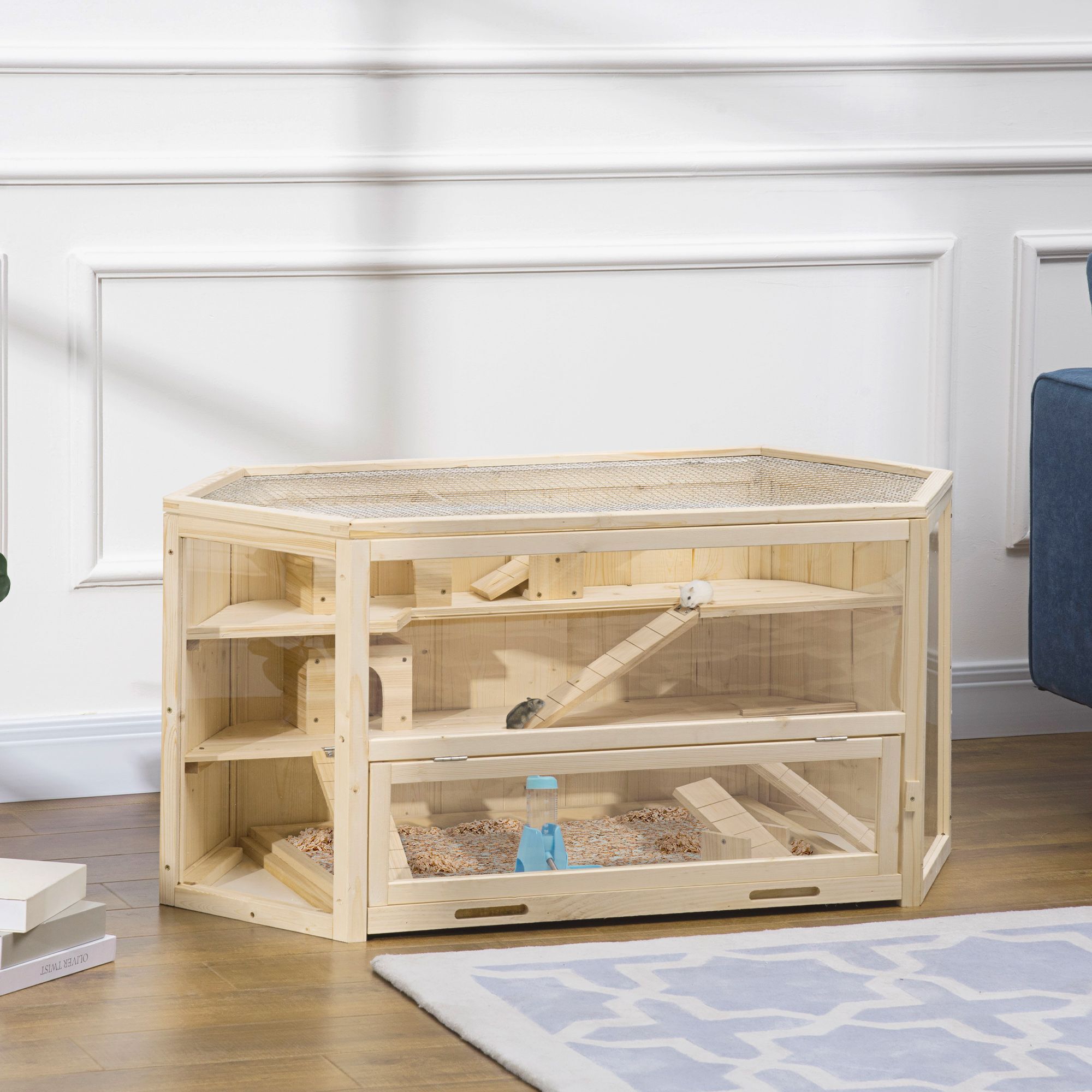 Pawhut Wooden Large Hamster Cage Mouse Rats Small Animal Exercise Play House 3 Tier With Slide Activity Center, Natural
