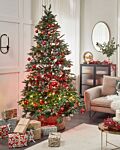 Artificial Snow Christmas Tree Green Pvc Metal Base 240 Cm With Pine Cones Holly Berries Frosted Branches Traditional Beliani