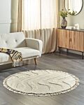 Round Area Rug Beige Cotton ⌀ 140 Cm Tufted With Fringe Pattern Boho Living Room Bedroom Beliani