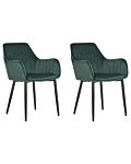 Set Of 2 Dining Chairs Green Velvet Armrests Black Metal Legs Retro Glam Beliani