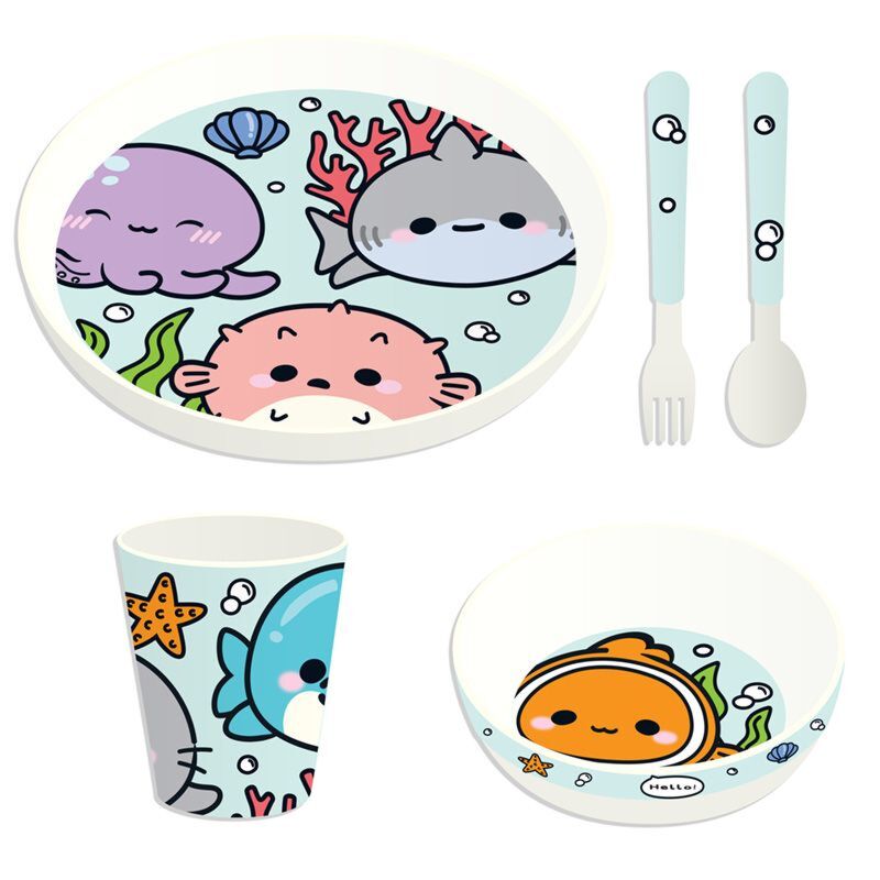 Recycled Rpet Set Of 5 Kids Cup, Bowl, Plate & Cutlery Set - Adoramals Sealife