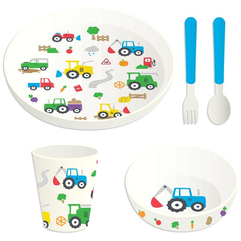 Recycled Rpet Set Of 5 Kids Cup, Bowl, Plate & Cutlery Set - Little Tractors