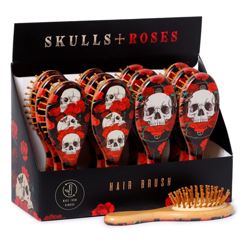 100% Bamboo Hair Brush - Skulls And Roses