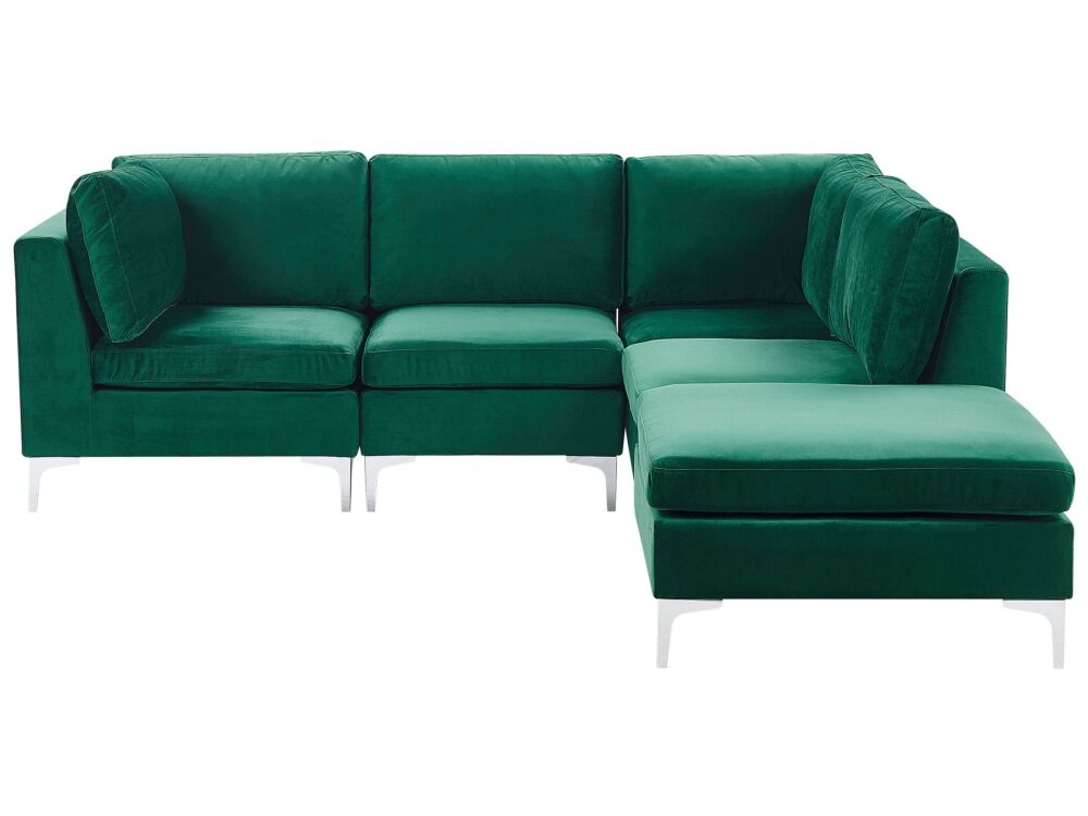 Left Hand Modular Corner Sofa Green Velvet 4 Seater With Ottoman L-shaped Silver Metal Legs Glamour Style Beliani