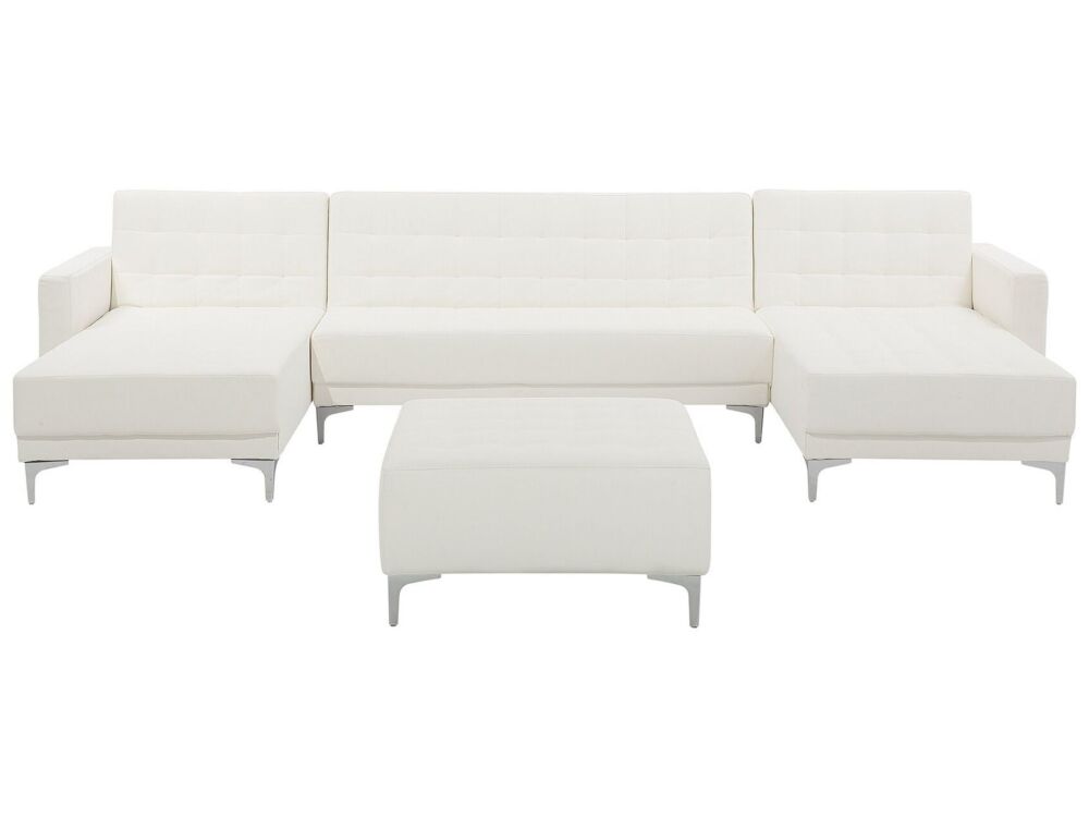 Corner Sofa Bed White Faux Leather Tufted Modern U-shaped Modular 5 Seater With Ottoman Chaise Lounges Beliani