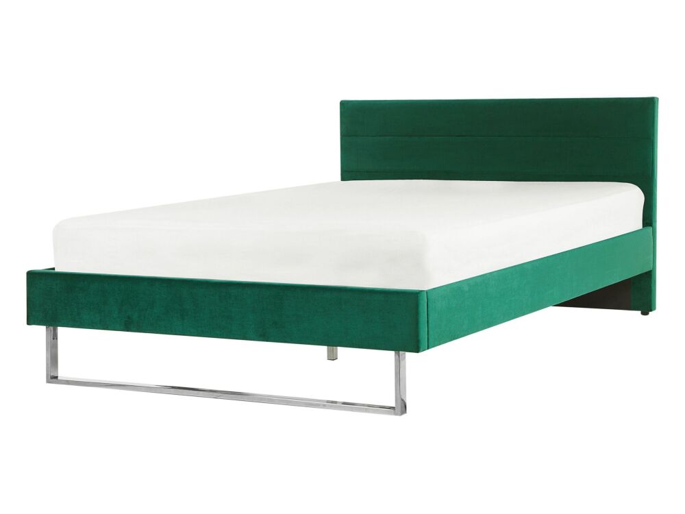 Upholstered Bed Frame Green Velvet Eu Double 4ft6 140 X 200 Cm Green Headboard Silver Leg Glam Beliani
