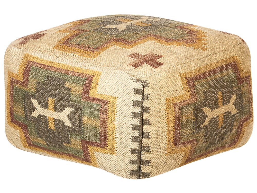 Pouffe Multicolour Jute Wool 50 X 50 X 30 Cm Geometric Pattern Square Boho Modern Footstool Upholstered Seat Beliani