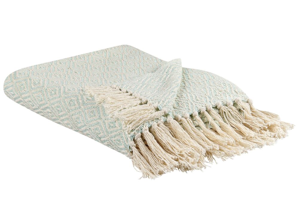 Blanket Green And Beige Cotton 125 X 150 Cm Bed Throw Boho Living Room Bedroom Beliani