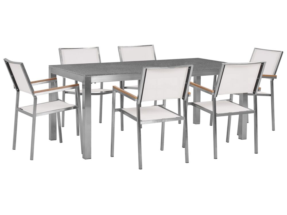 Garden Dining Set White With Grey Granite Table Top 6 Seats 180 X 90 Cm Beliani