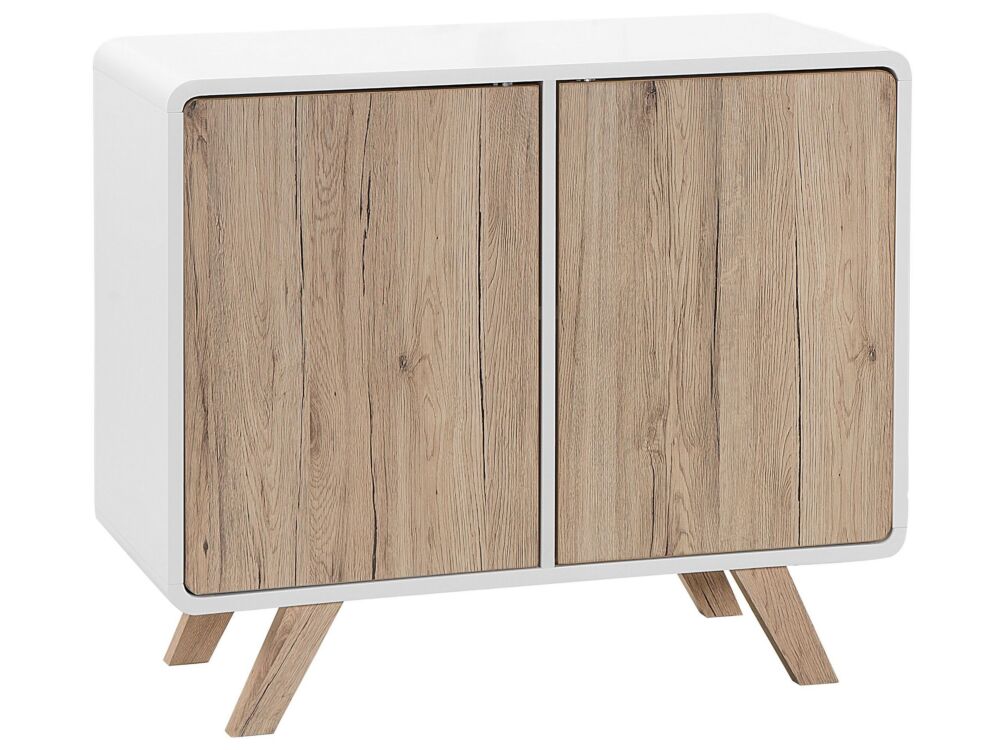 Sideboard Light Wood Veneer And White 76 X 90 X 40 Cm With Pine Wood Legs 2 Doors Beliani