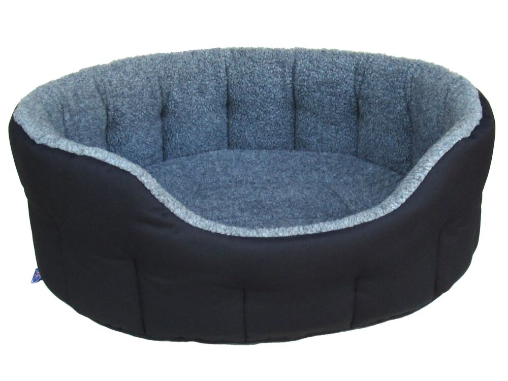 P&l Premium Oval Drop Fronted Bolster Style Heavy Duty Fleece Lined Softee Bed Colour Black/silver Grey Size Large Internal L76cm X W64cm X H24cm / Base Cushion 8cm Thickness