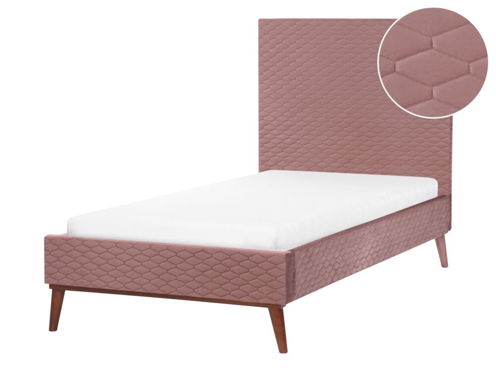 Eu Single Bed Pink Velvet Fabric 3ft Upholstered Frame Headboard Honeycomb Quilted Modern Design Beliani