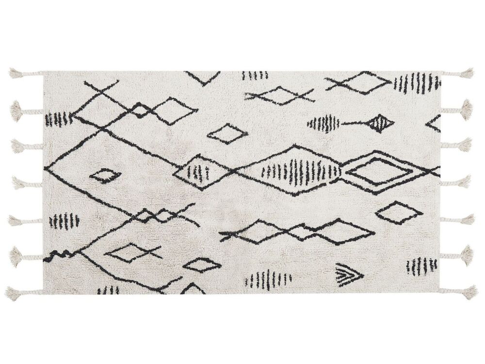 Rug Off-white Black Cotton 80 X 150 Cm Geometric Pattern Runes Tribal Tassels Oriental Beliani