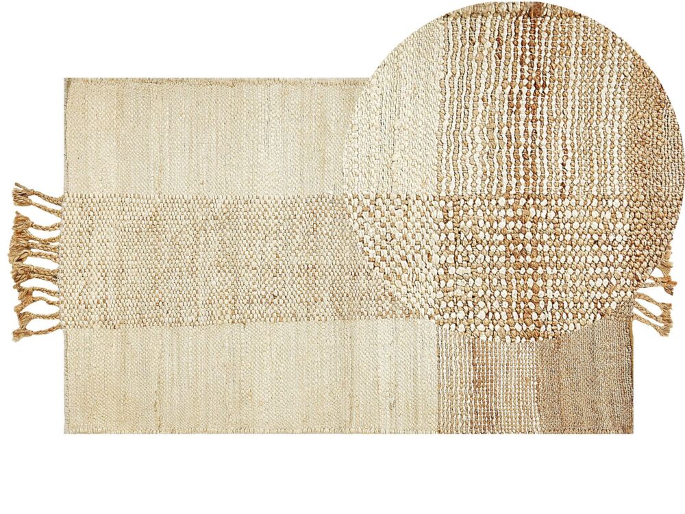 Area Rug Beige Jute 80 X 150 Cm Rectangular With Tassels Geometric Pattern Handwoven Boho Style Bedroom Living Room Beliani