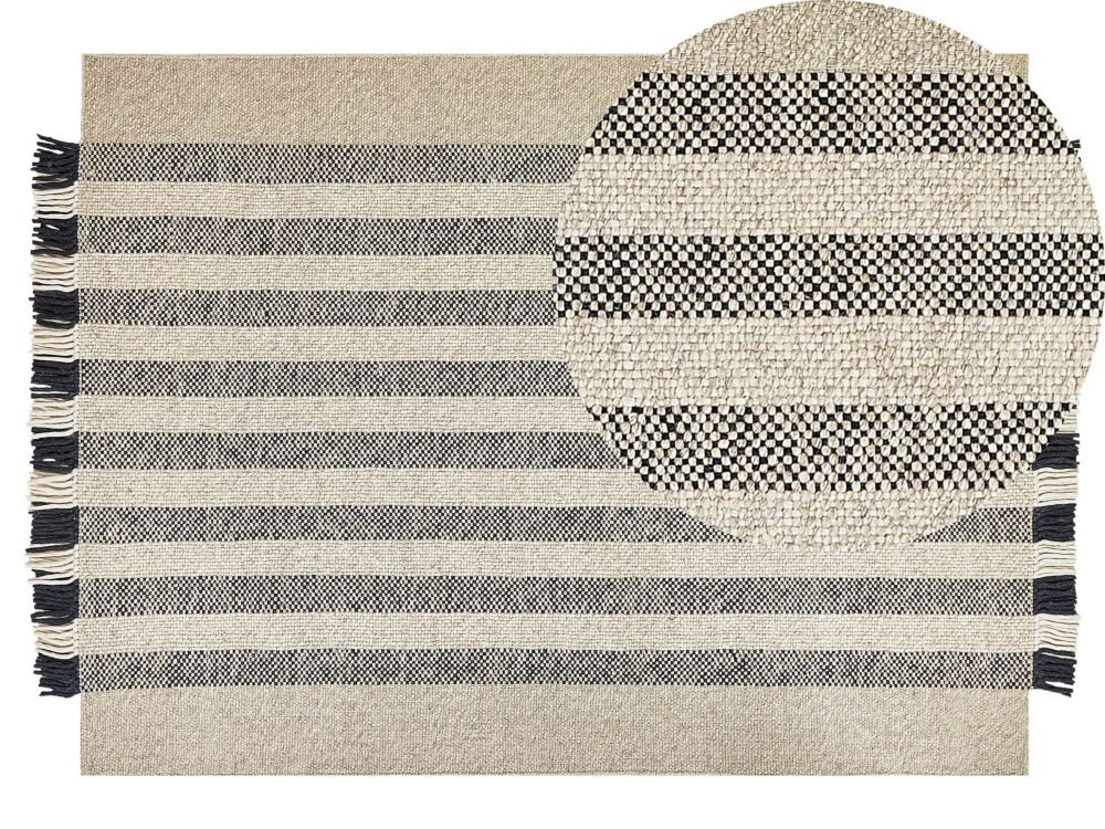 Area Rug Off-white And Black Wool 140 X 200 Cm Rectangular Hand Woven With Tassels Modern Design Beliani