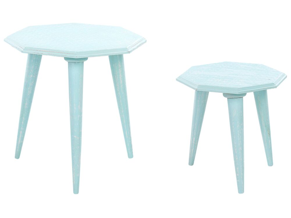 Set Of 2 Nesting Side Tables Blue Distressed Mango Wood Mdf Round Modern End Side Tables For Living Room Retro Vintage Design Beliani