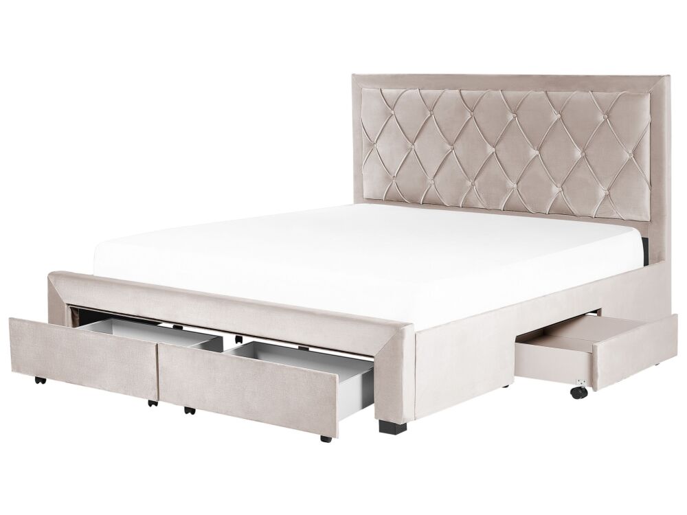 Storage Bed Beige Velvet Upholstery Eu King Size 6ft Tufted Tall Headboard Drawers Glam Design Beliani