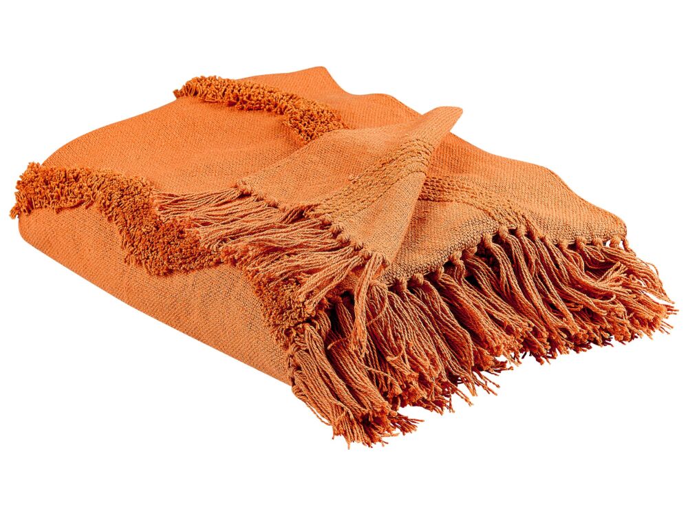 Blanket Orange Cotton 125 X 150 Cm Geometric Pattern Knitted Throw Boho Style Living Room Bedroom Accent Piece Beliani