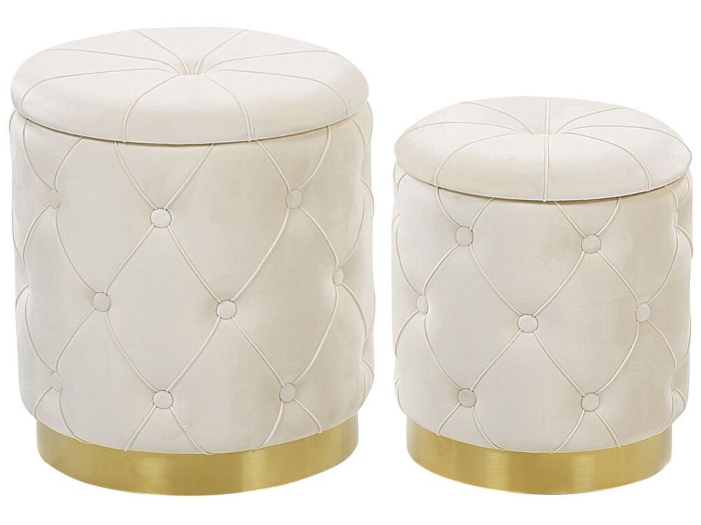 Set Of Storage Pouffes White Polyester Velvet Button Tufted Upholstery Golden Base Retro Design Beliani