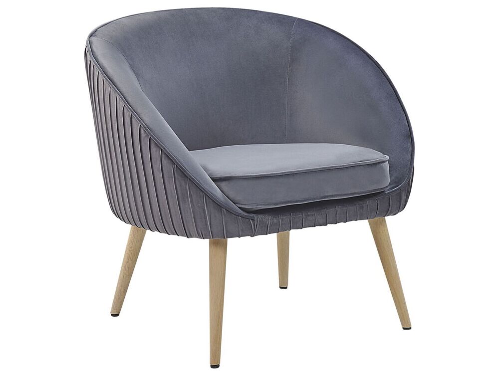 Armchair Grey Velvet Recessed Arms Wooden Legs Retro Beliani