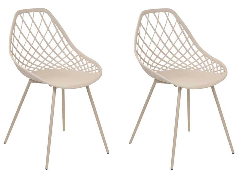 Set Of 2 Dining Chairs Beige Synthetic Seat Metal Legs Net Design Backrest Modern Scandinavian Beliani