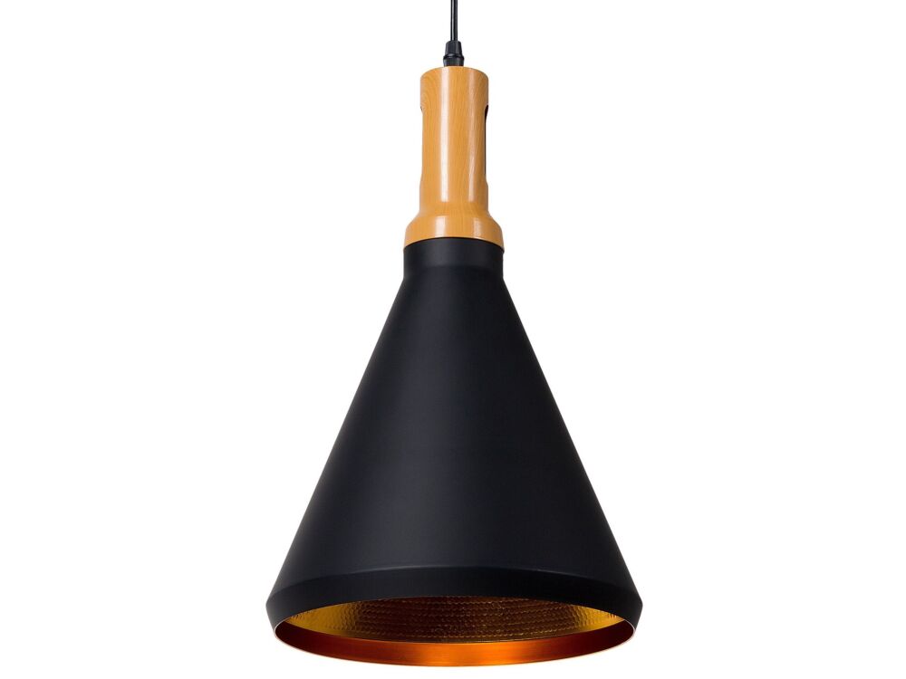 Hanging Light Pendant Lamp Black With Gold And Light Wood Aluminium Cone Shade Industrial Design Beliani