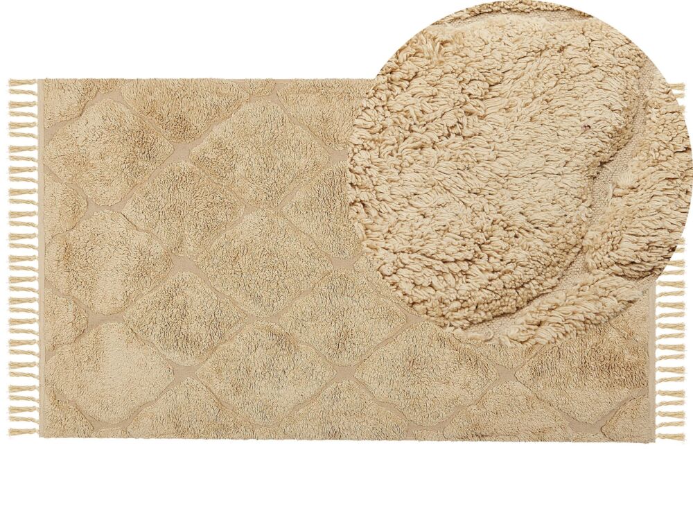 Area Rug Beige Cotton 80 X 150 Cm Geometric Pattern Woven Hand Tufted Shaggy With Tassels Design Living Room Bedroom Boho Beliani