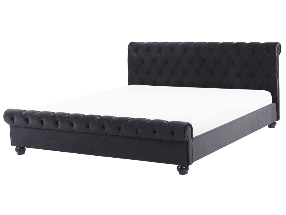 Bed Frame Black Velvet Upholstery Black Wooden Legs Super King Size 6ft Buttoned Glam Beliani