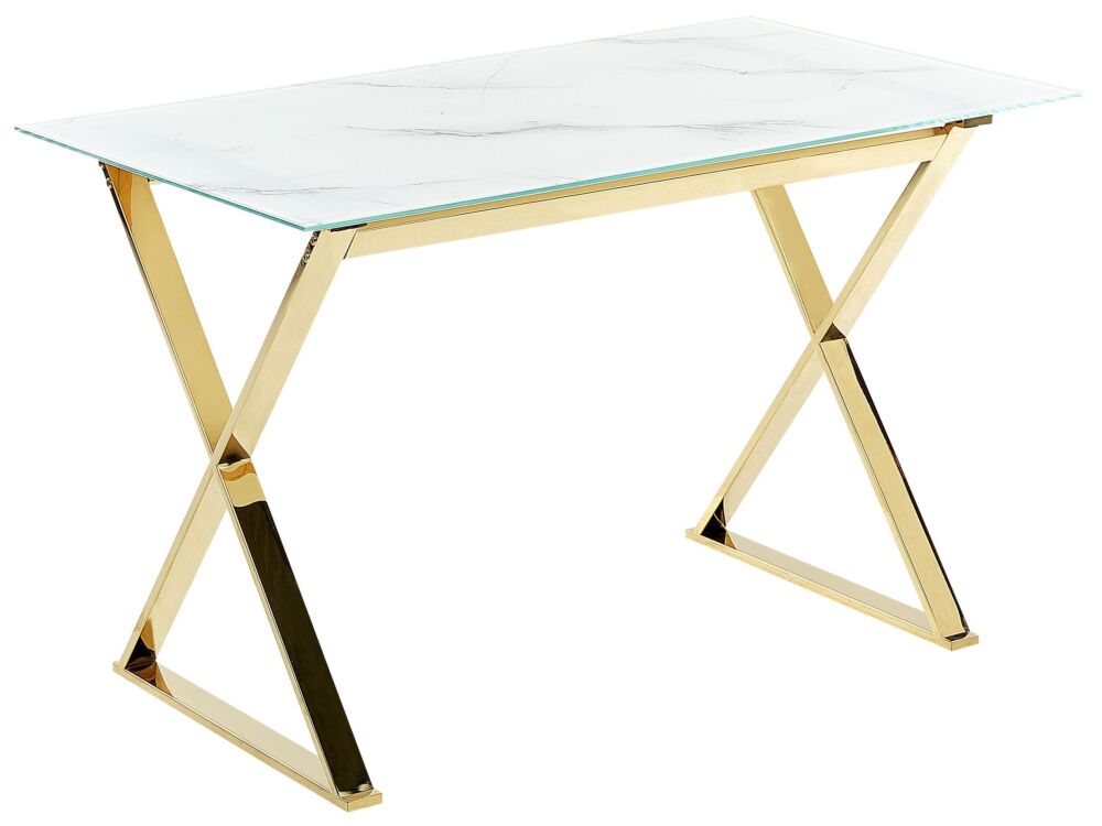 Dining Table Marble Effect And Gold Tempered Glass And Metal Legs Glossy Finish 120 X 70 Cm Rectangular Glam Beliani