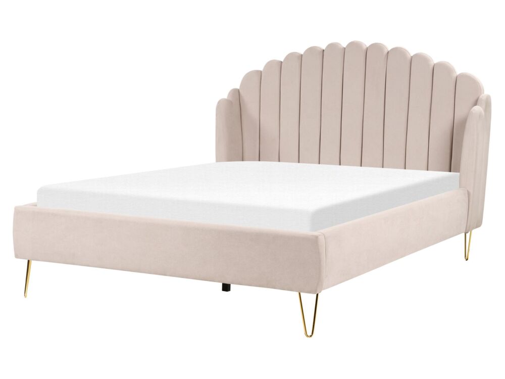 Bed Frame Beige Fabric Upholstery Eu King Size 5ft3 Metal Legs Retro Design Chanell Shell Headboard Beliani