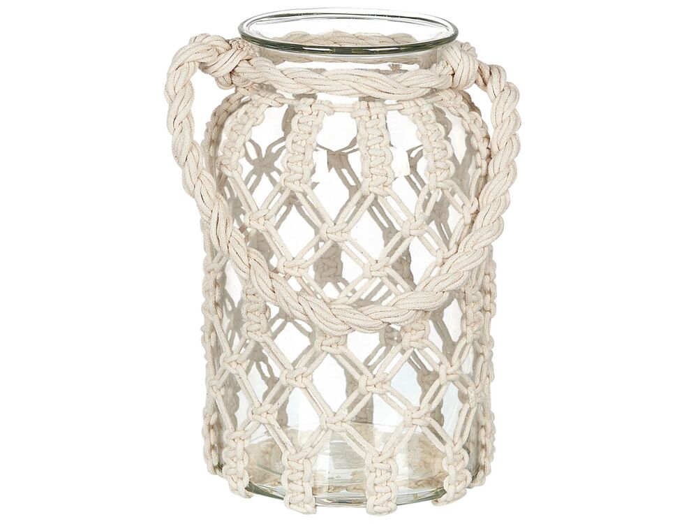 Lantern Off-white Glass 31x20cm Macrame Rope Handle Jar Single Candle Boho Beliani