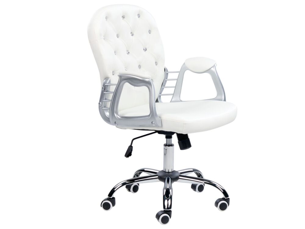 Office Chair White Faux Leather Gas Lift Height Adjustable Crystal Button With Tufted Backrest And Full Swivel Beliani