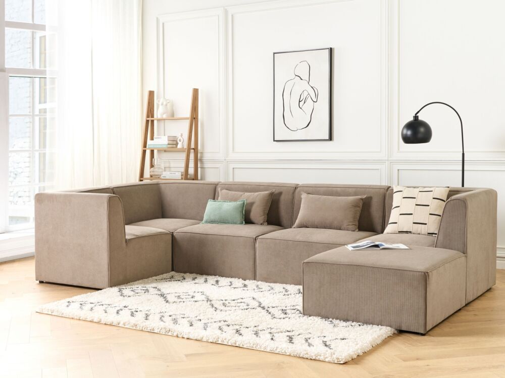 Modular Right Corner 5 Seater Sofa Taupe Corduroy With Ottoman 5 Seater Sectional Sofa Modern Design Beliani