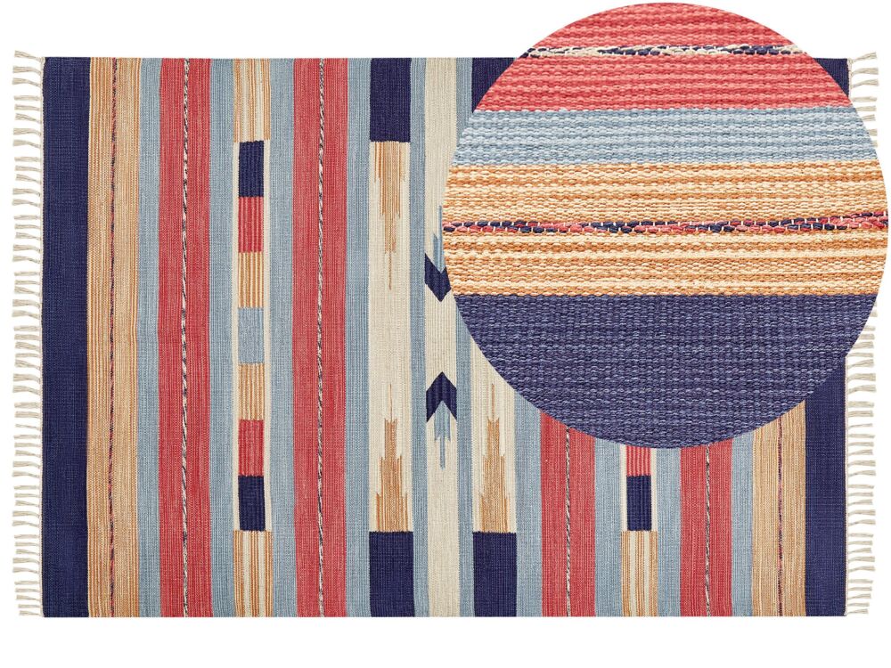 Kilim Area Rug Multicolour Cotton 140 X 200 Cm Handwoven Reversible Flat Weave Geometric Pattern With Tassels Traditional Boho Living Room Bedroom Beliani