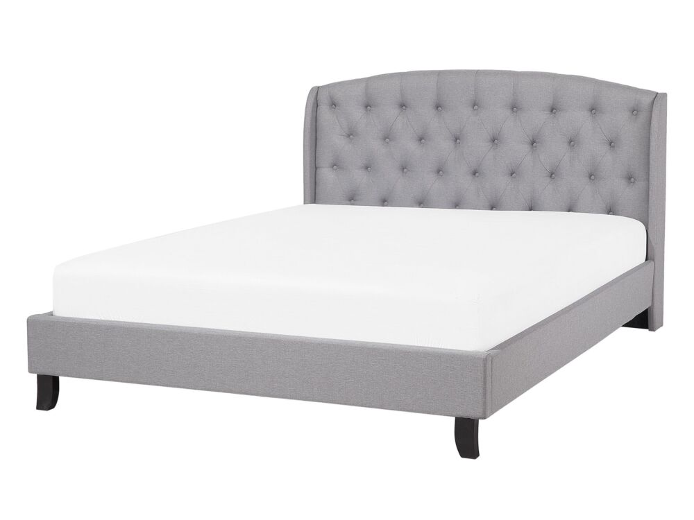 Slatted Bed Frame Grey Polyester Fabric Upholstered Tufted Headrest 4ft6 Eu Double Size Modern Design Beliani