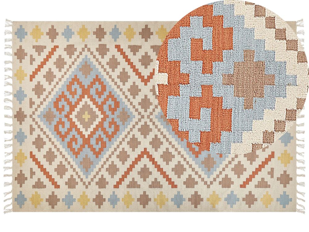 Kilim Area Rug Multicolour Cotton 200 X 300 Cm Low Pile Geometric Pattern With Tassels Rectangular Traditional Beliani