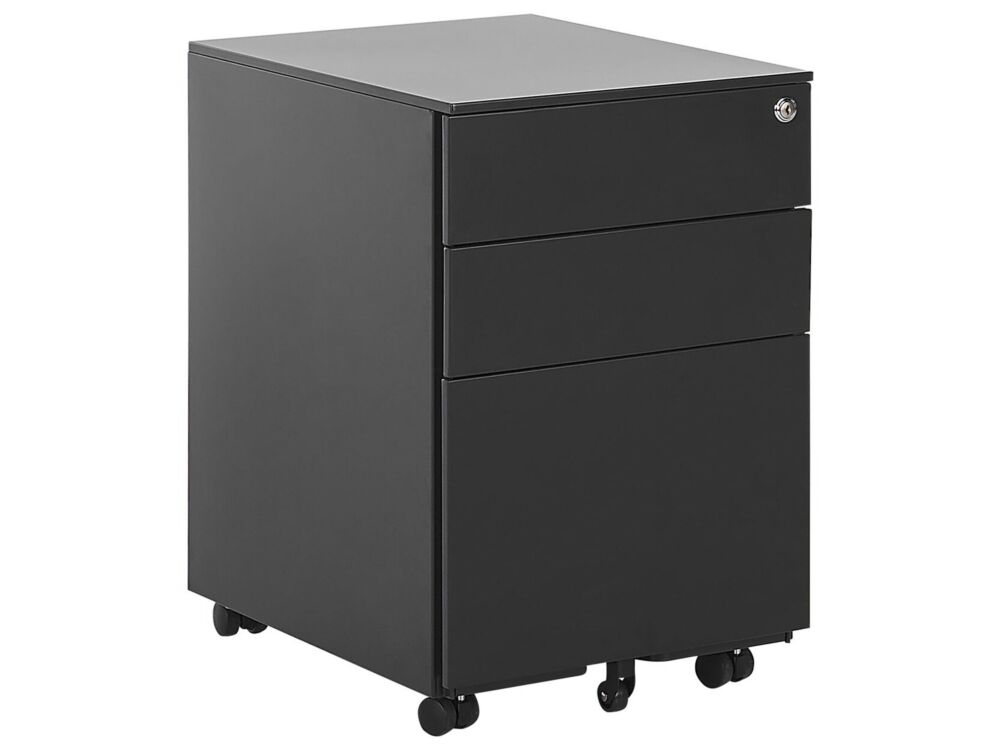 Office Storage Unit Black Steel With Castors 3 Drawers Key-locked Industrial Design Beliani