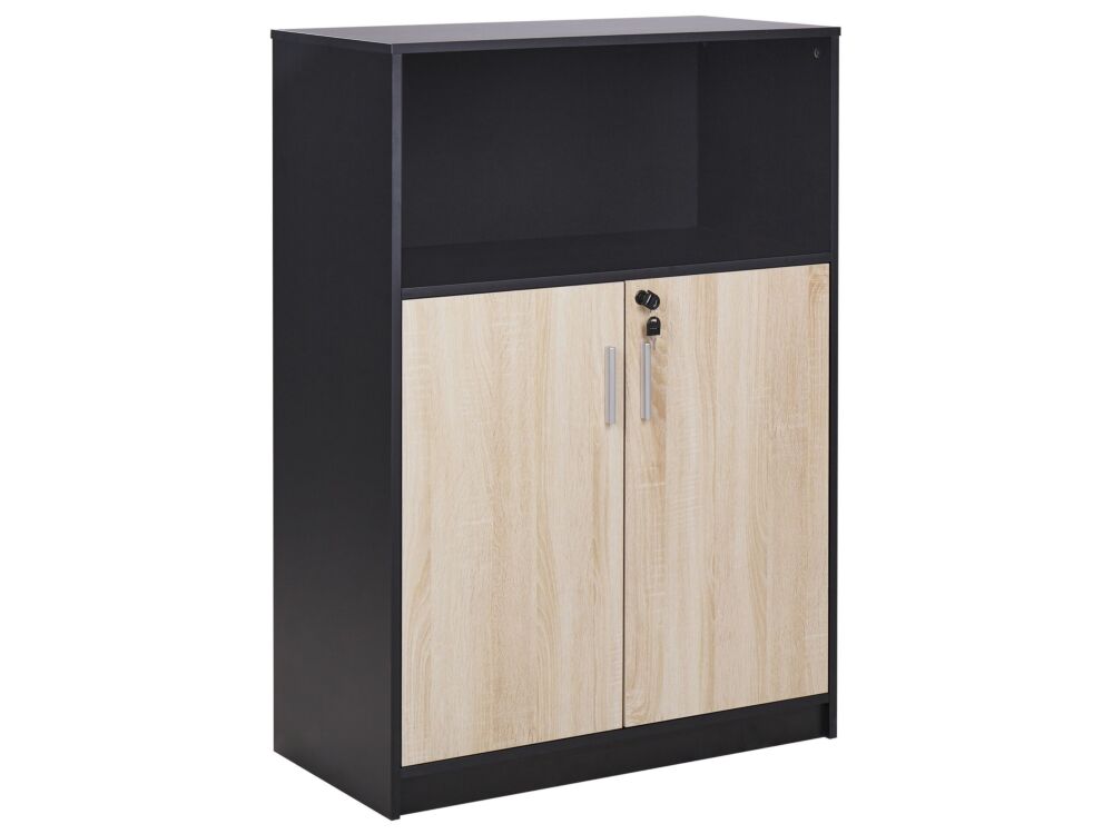 Storage Cabinet Light Wood With Black Particle Board Locker With Open Shelf 2 Door Home Office Modern Beliani