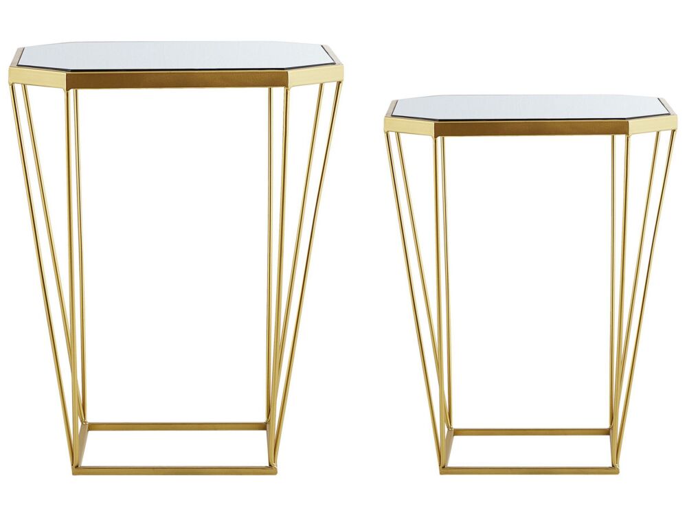 Set Of 2 Side Tables Metal Gold Base Glass Mirrored Round Top Decorative Glam Beliani