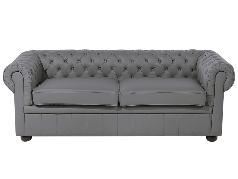Chesterfield Sofa Grey Genuine Leather Upholstery Dark Wood Legs 3 Seater Contemporary Beliani