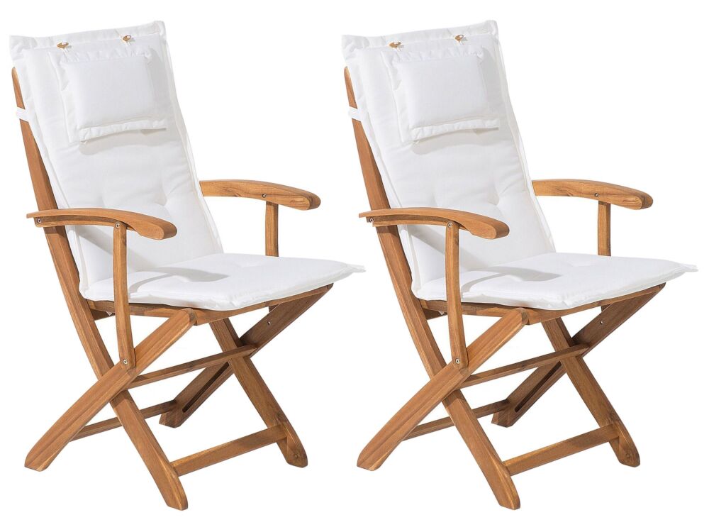 Set Of 2 Garden Dining Chairs Light Wood With White Cushion Acacia Wood Frame Folding Rustic Design Beliani