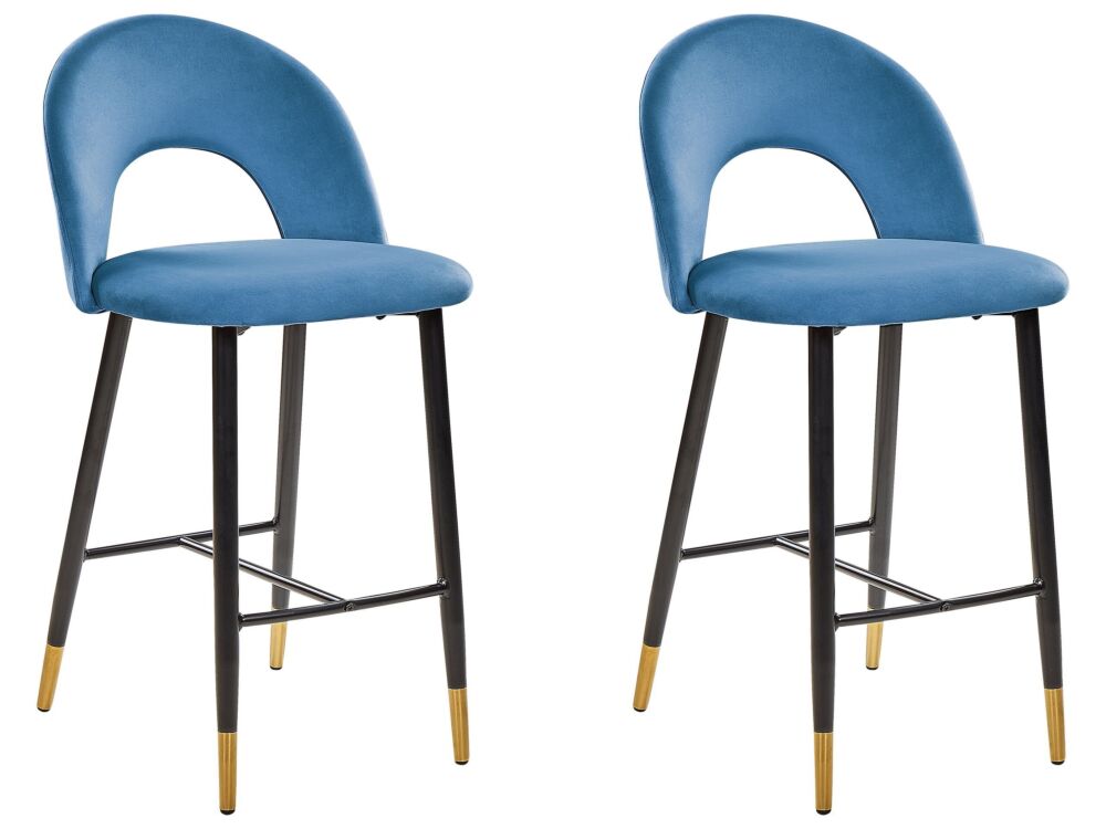 Set Of 2 Bar Chairs Blue Velvet Black Steel Retro Design Golden Ends Dining Room Beliani